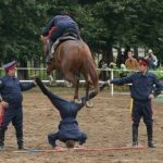 horse jumping over man's crotch